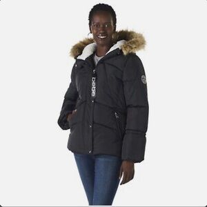 Bebe Black Puffer Coat OLYA390 Black Jacket  Y2K Faux Fur Hood Size Large